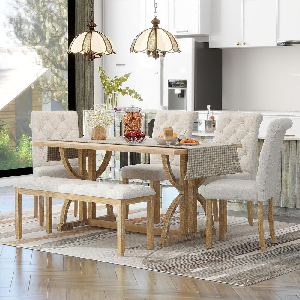 Merax 6-Piece Solid Wood Dining Table Set for 6, Solid Wood Rectangular Kitch...