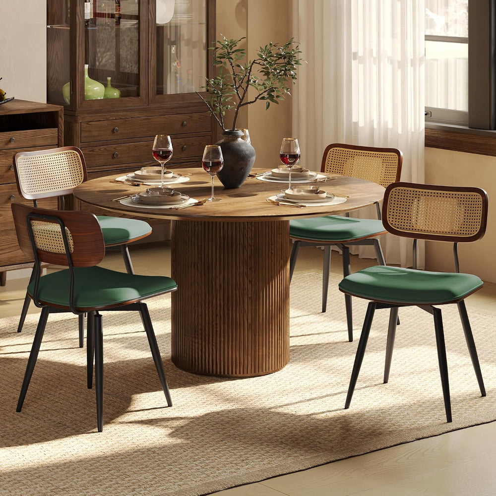 Dining Chairs, Set of 4, Modern, Green, Rattan & Faux Leather, Swivel wit...