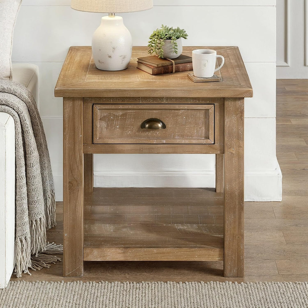 Monterey Farmhouse Rustic End Table, Solid Pine Wood Coastal Side Table with ...
