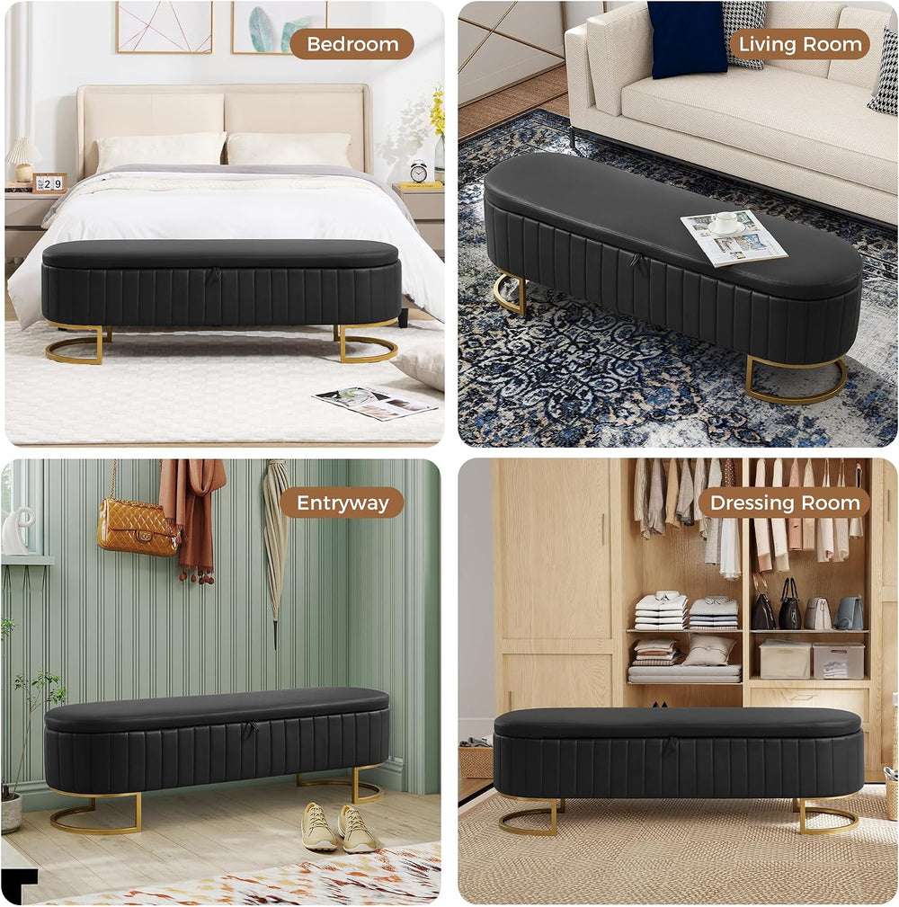 Storage Ottoman Bench, 63" Faux Leather End of Bed Bench Bedroom Bench K...