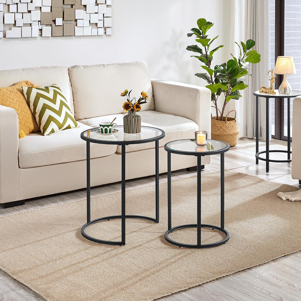 Yaheetech Round Nesting Side Tables Set of 2 with Tempered Glass Top, Black |...