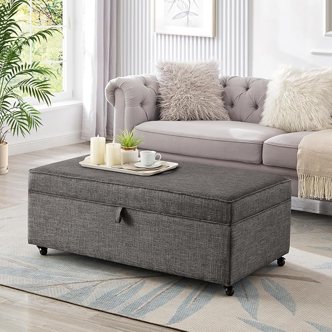 Ball & Cast 45" Sofa Ottoman with Storage, Linen Upholstered Bench with Rotation Casters and Safety Hinge for Living Room, Multi-Function Coffee Table,Charcoal Grey