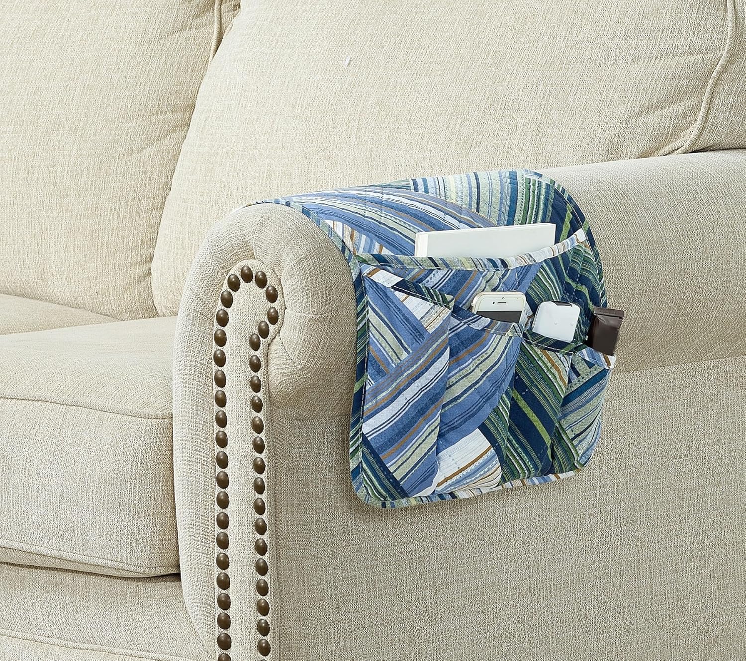 Brilliant Sunshine Teal Herringbone Patchwork Couch Armrest 5 Pockets Organizer, Slip Resistant Armchair Caddy, Washable Remote Controls Holder, Storage for Magazine, Tablet, Phone, iPad, Glasses,Teal