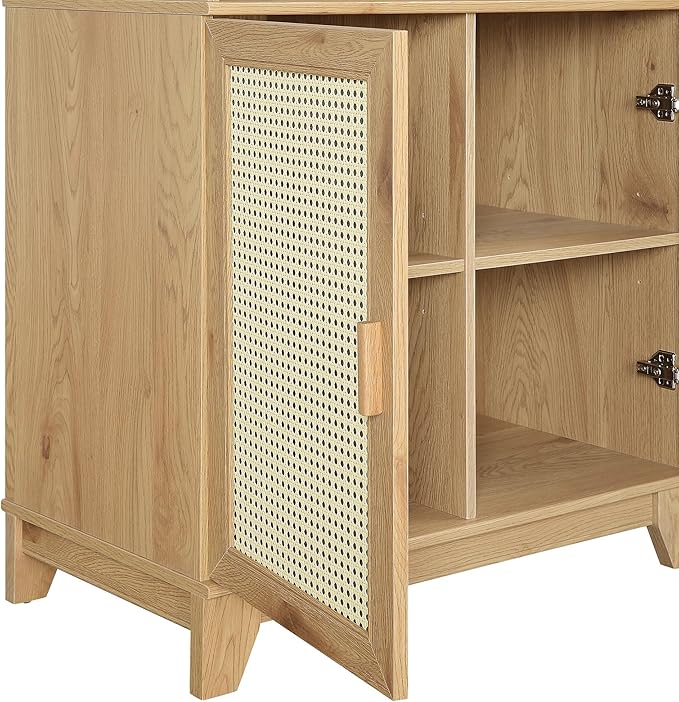 Manhattan Comfort Sheridan Modern Cane Bookcase with Adjustable Open Shelves, Soft Close Doors, and Concealed Compartments, Versatile 3 Tier Bookshelf Storage for Home and Office, Set of 1, Nature
