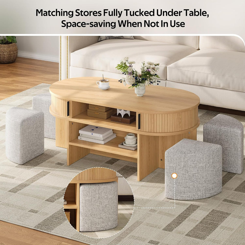 Oval Coffee Table Set with Storage and 4 Fabric Stools,Center Table | Feature...