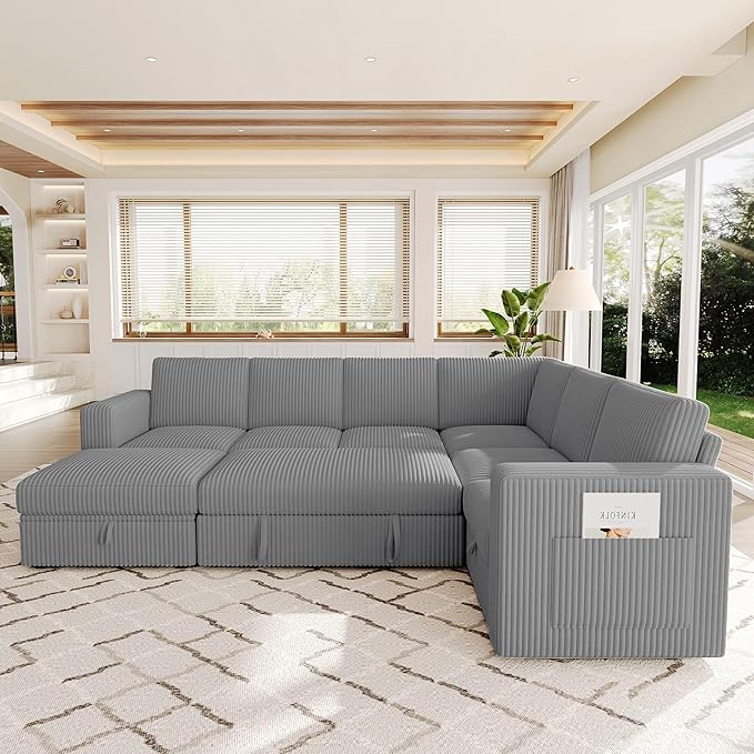 106.7" Sectional Sleeper Sofa with Pull Out Couch, Modern 7 Seat U Shaped Modular Couch, Sectionals Modular Sofa with Storage, Comfy Corduroy Couches Sectional for Living Room & Apartment, Gray