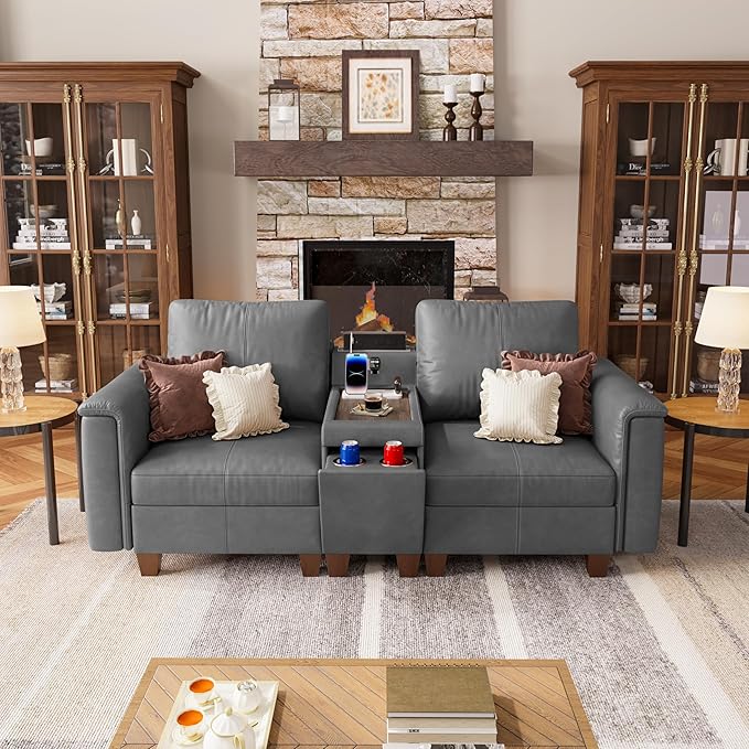 SITJOY 79" Faux Leather Modular Sectional Sofa with Storage, Mid Century Modern Sectional Couches for Living Room, 2 Seat Loveseat Couch and Console Table, Hidden Cupholders, Gray