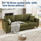 Faux Leather Couch with 2 Throw Pillows, Sofa Couches for Living Room, 3 Seater Sofa with Wide Armrests, Wood Legs, Deep Seats, Back Cushion, Sturdy Support Feet, for Office, Living Room, Olive Green
