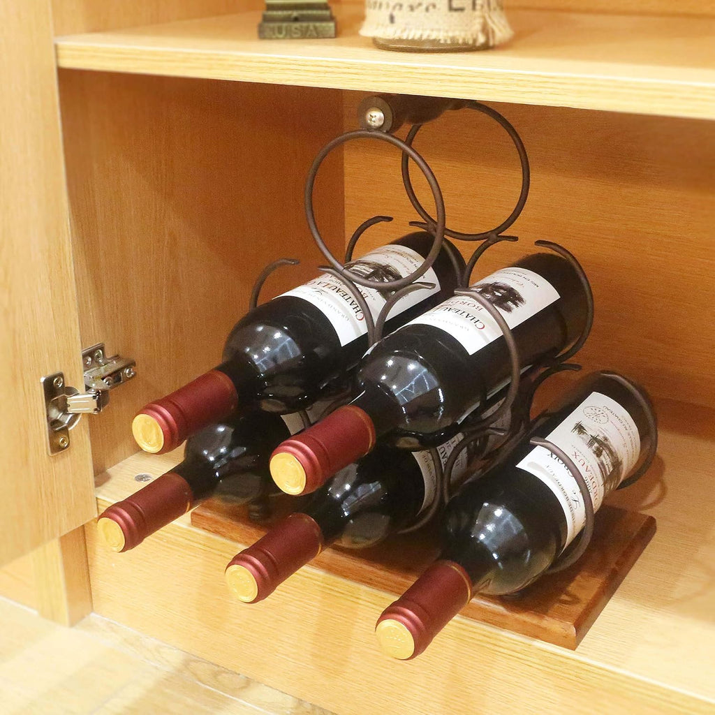 ALLCENER Countertop Wine Rack, Tabletop 6 Bottles Wood Wine Holder, Sturdy Handle, 3-Tier Rustic Classic Design, Simple Assembly, Wood & Metal (Copper)