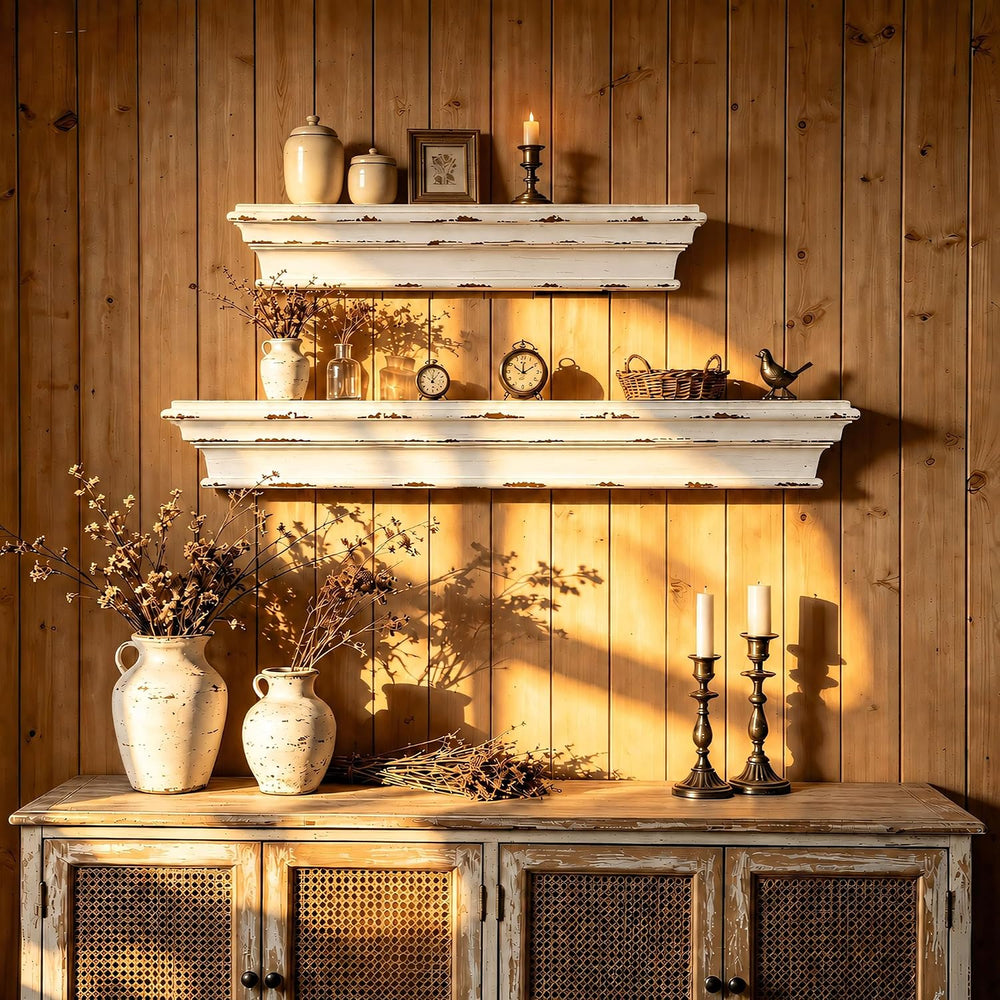 23.6 Inch Distressed White Wall Shelf, Rustic Farmhouse Floating Shelf