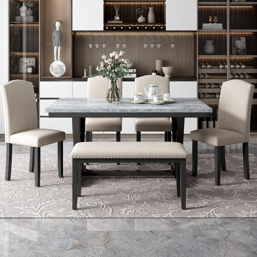 Merax Elegant Dining Table Set for 4-6, White | 6-Piece Modern Dining Table S...