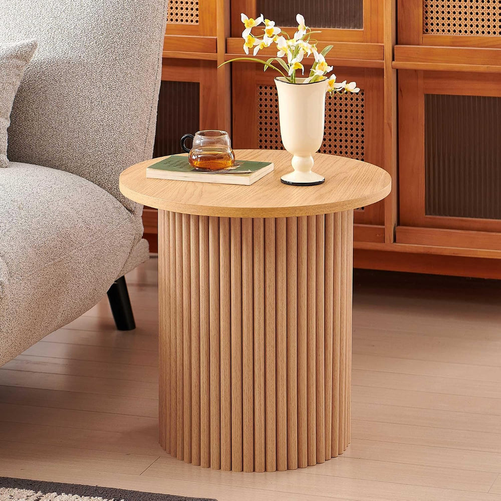 Homedot Small Round Accent Side Table with Wood Strip Base for Living Room, 1...