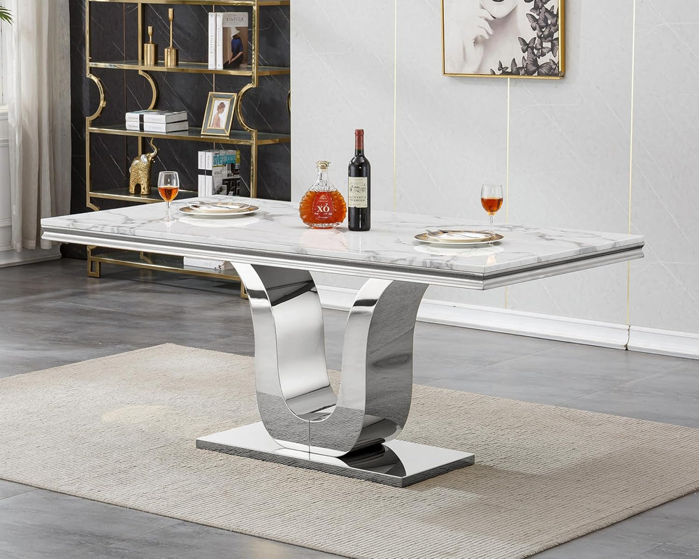 SSLine Modern White Marble Dining Table for 6-8 Rectangle 68" Faux Marbl...