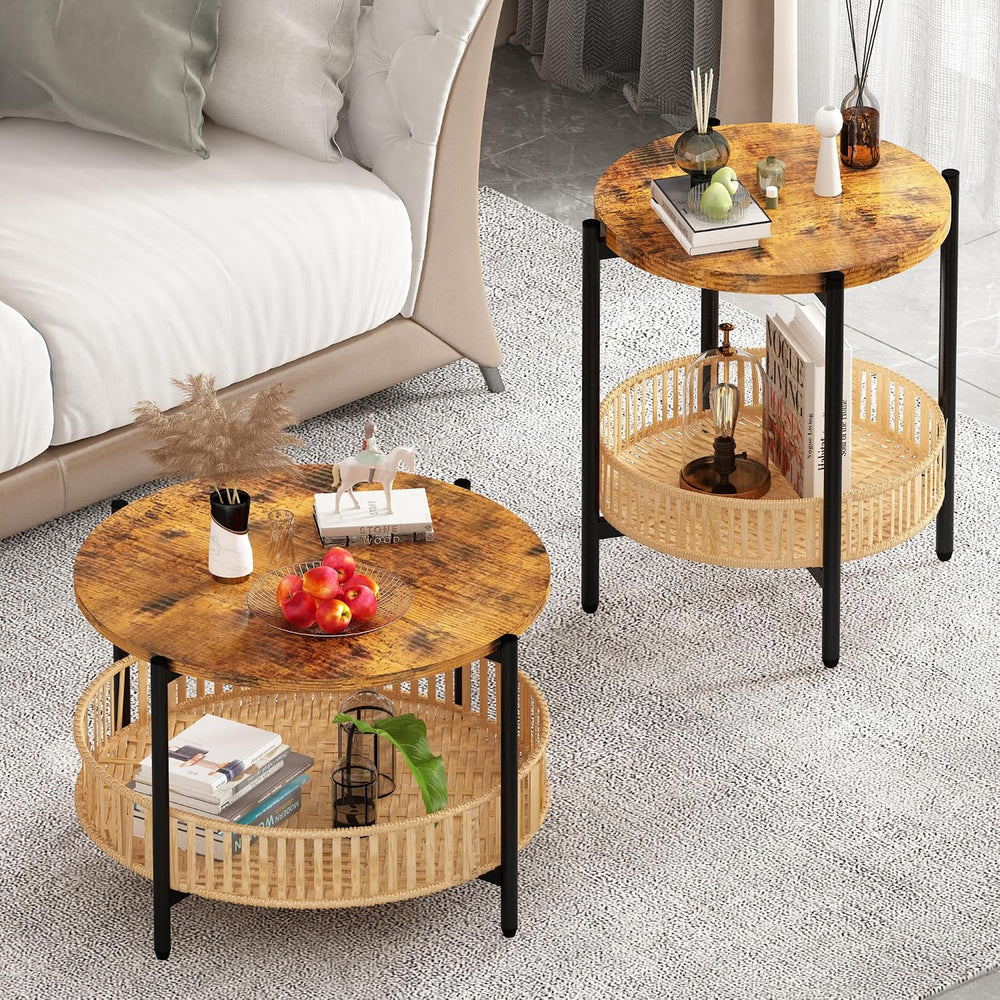 AWQM 3 Pieces Coffee Table Set for Living Room, 2 Tier Round Rattan Coffee En...