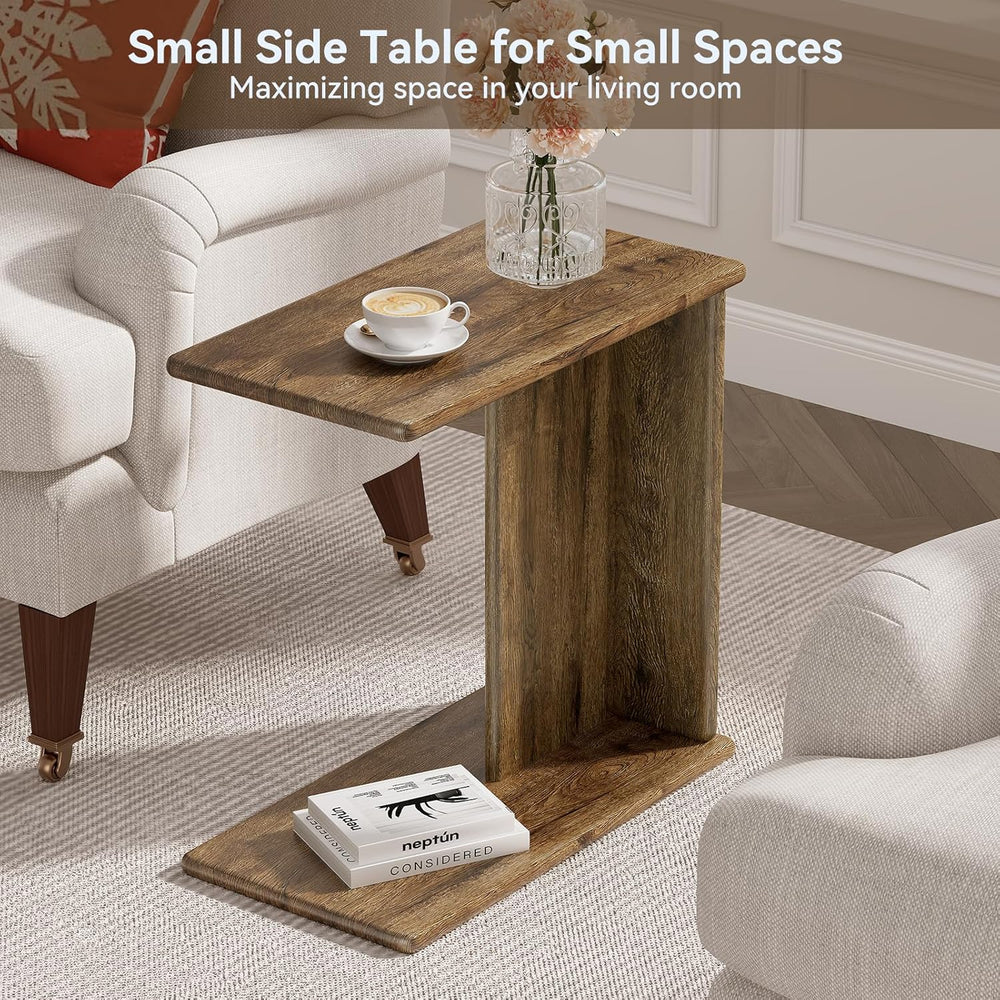 C-Shaped End Table for Couch, Small Side Table, Bedside Table for Sofa, Woode...