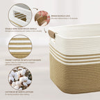 72L Large Laundry Basket with Leather Handles for Living Room Storage, Woven Rope Baskets Bin for Blanket, Kids Toy, Gifts, Wicker Hamper for Bedroom Dirty Clothes, 22"x17"x12" Khaki