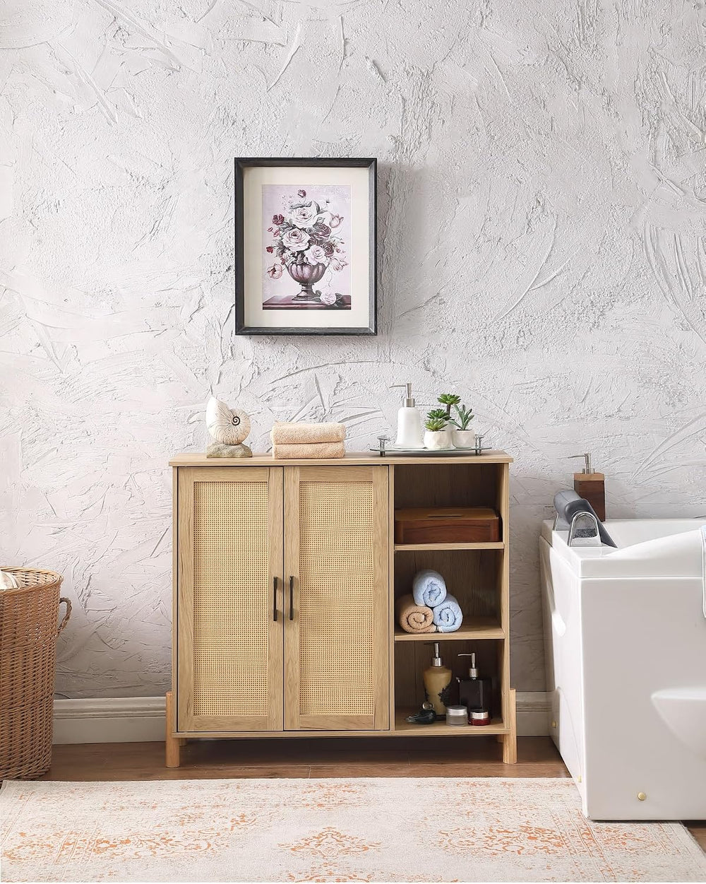 Mid-Century Modern Storage Cabinet, with Open Shelves & Adjustable Shelve...