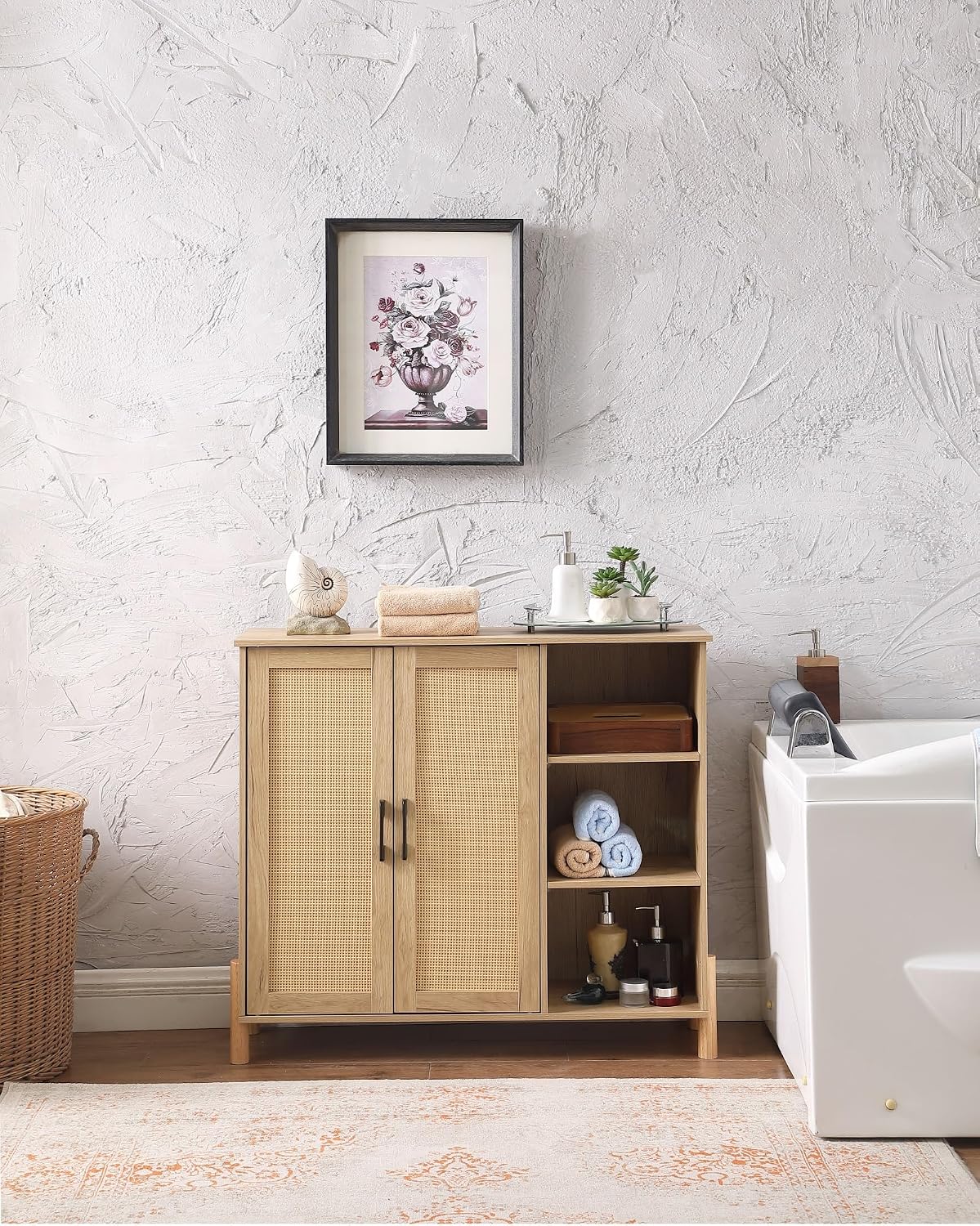 Mid-Century Modern Storage Cabinet, with Open Shelves & Adjustable Shelves, for Living Dining Room,for Kitchen Home