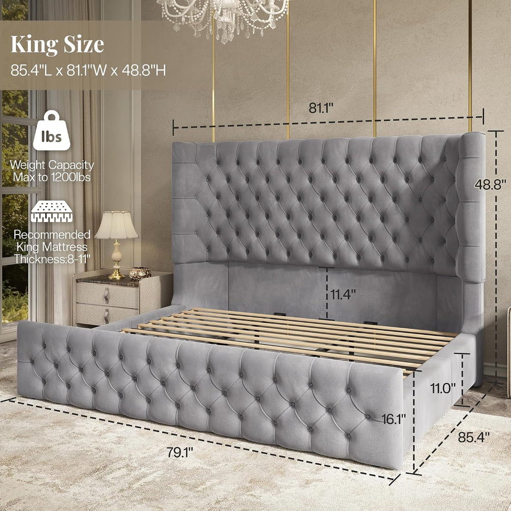 Jocisland King Bed Frame Upholstered Wingback Headboard & Footboard,Grey