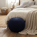 BIRDROCK HOME Round Pouf Ottoman Foot Rest - 18.5”x18.5”x15” Boho Compact Comfortable Soft Cotton Braided Foot Stool with Bean Bag Filling for Living Room, Bedroom, or Nursery (Navy)