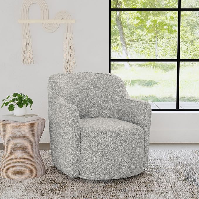 Upholstered 360° Barrel Back Swivel Chair | Accent Chairs for Living Room & Bedroom | Decorative Home Furniture, White Boucle with Gray Yarn