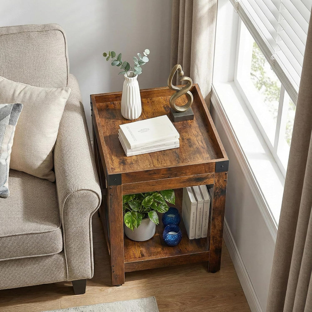 Farmhouse Square Side Table with Open Storage Shelves, Large End Table Modern...