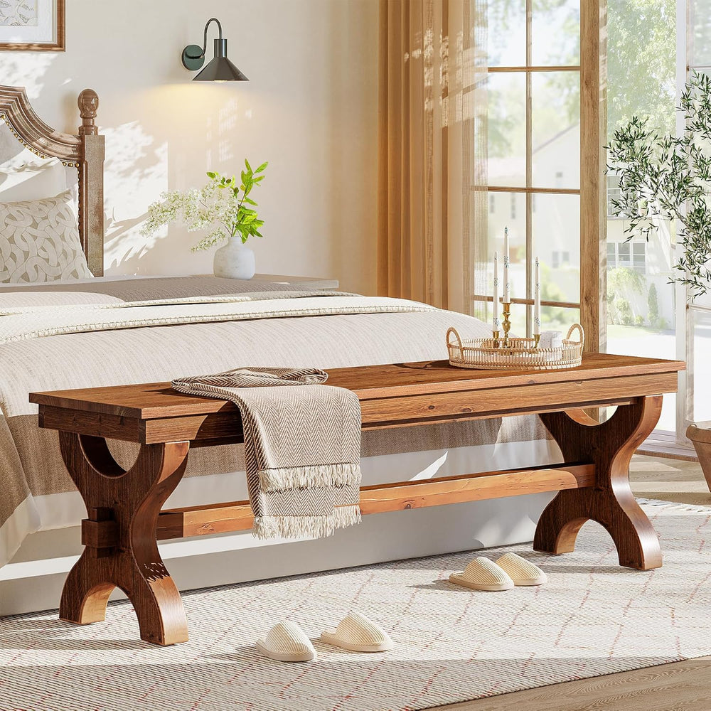 Solid Wood Dining Bench, 55-Inch Long Entryway Shoe Bench, Farmhouse Indoor S...