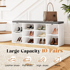 Shoe Storage Bench with Cushion, 41'' Long Entryway Bench with 10 Compartments Shoe Rack, Multifunctional Cubby Storage Organizer for Living Room, Hallway, Bedroom and Closet, White