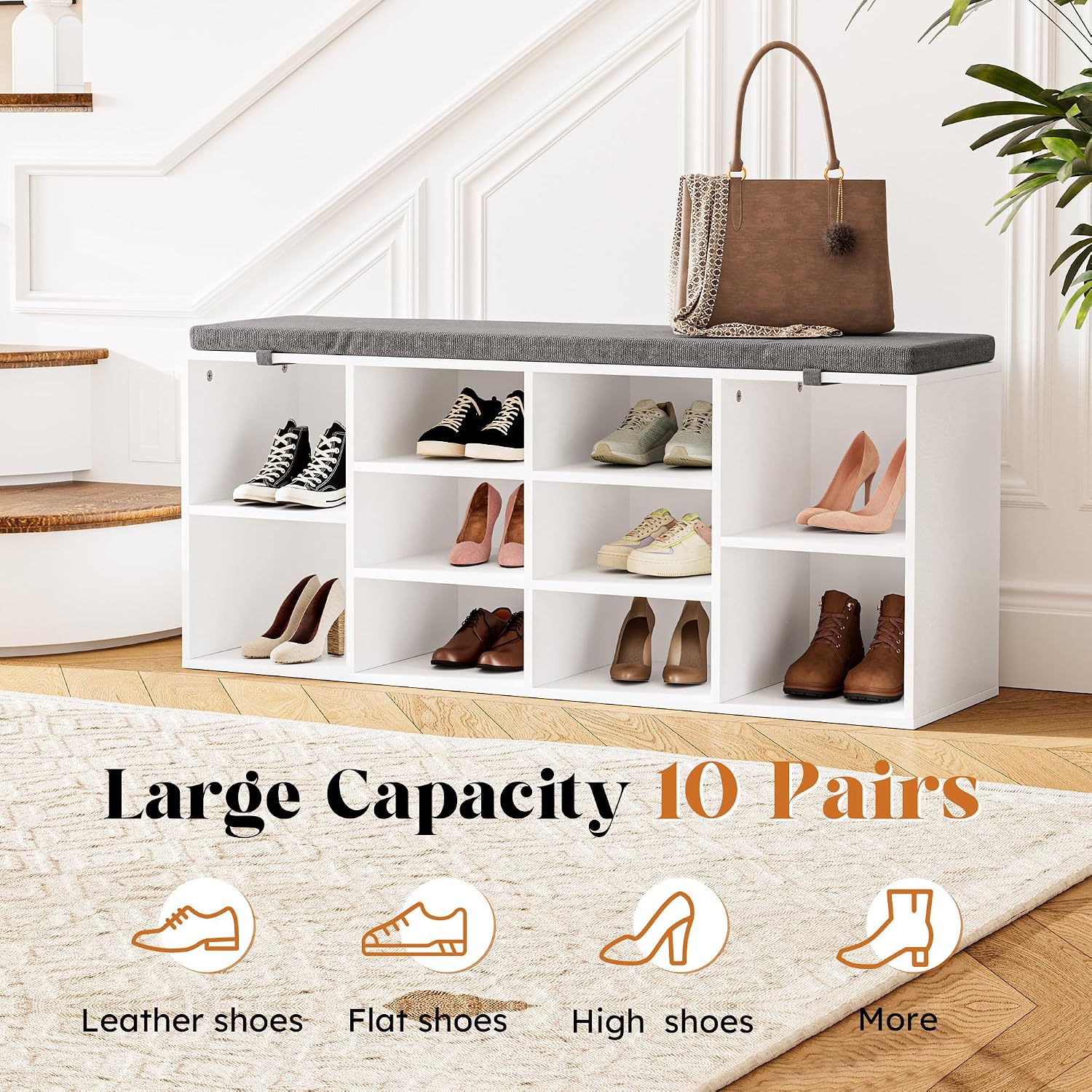 Shoe Storage Bench with Cushion, 41'' Long Entryway Bench with 10 Compartments Shoe Rack, Multifunctional Cubby Storage Organizer for Living Room, Hallway, Bedroom and Closet, White