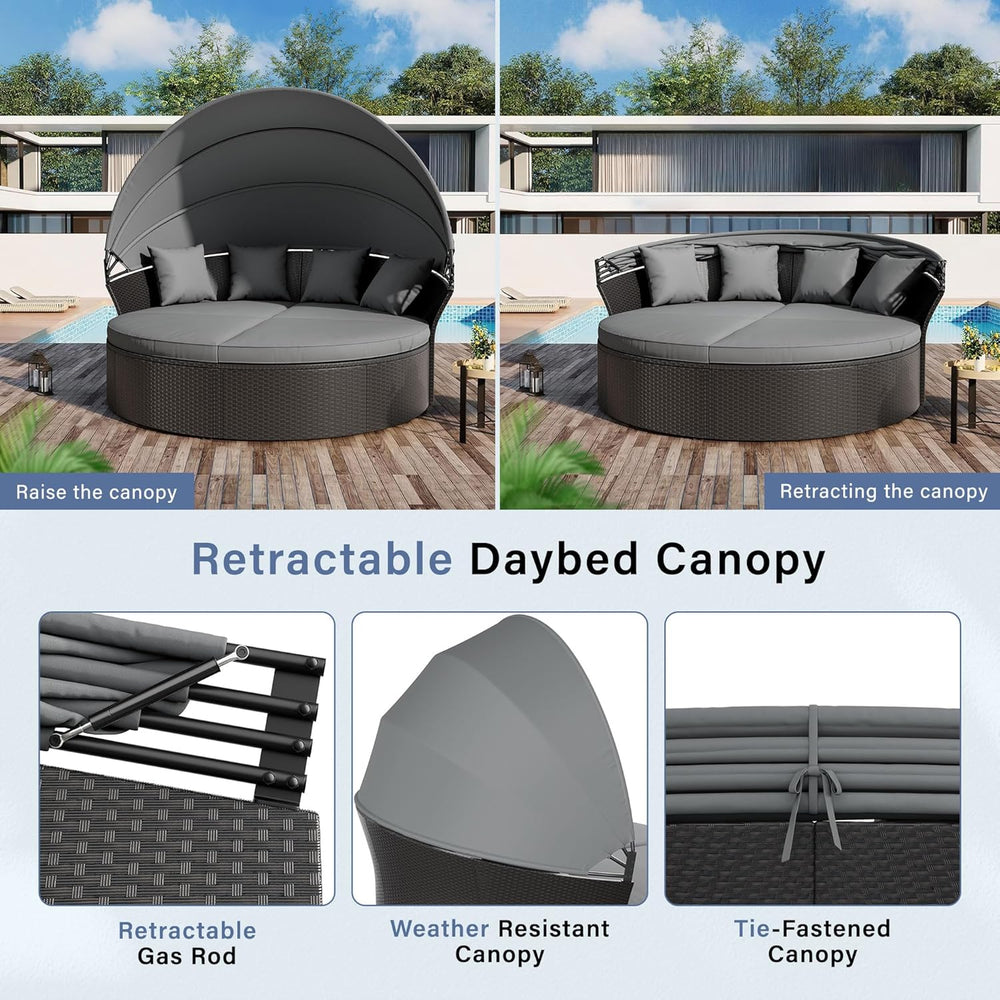 Crownland Round Patio Daybed with Retractable Canopy, Clamshell Wicker Sectio...