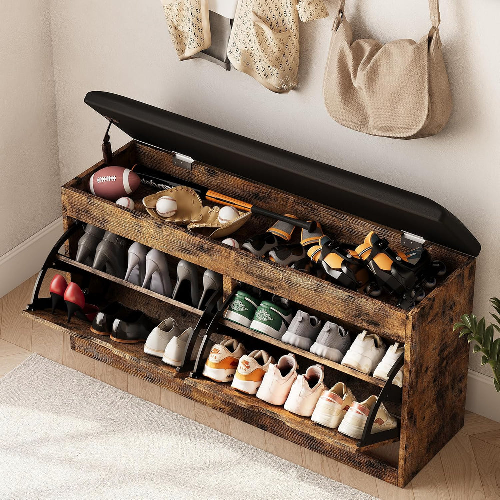 40" Shoe Storage Bench with 2 Flip Drawers & Padded Seat Cushion, Sh...