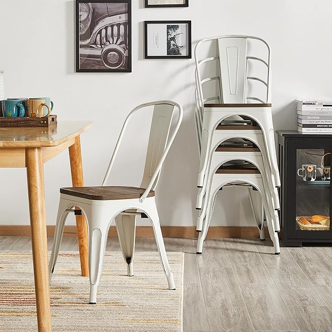 Yaheetech Metal Dining Chairs Set of 4, Industrial Stackable Kitchen Chairs with Wood Top Seat for Dining Room/Restaurant/Bistro/Patio, Indoor & Outdoor Use, White