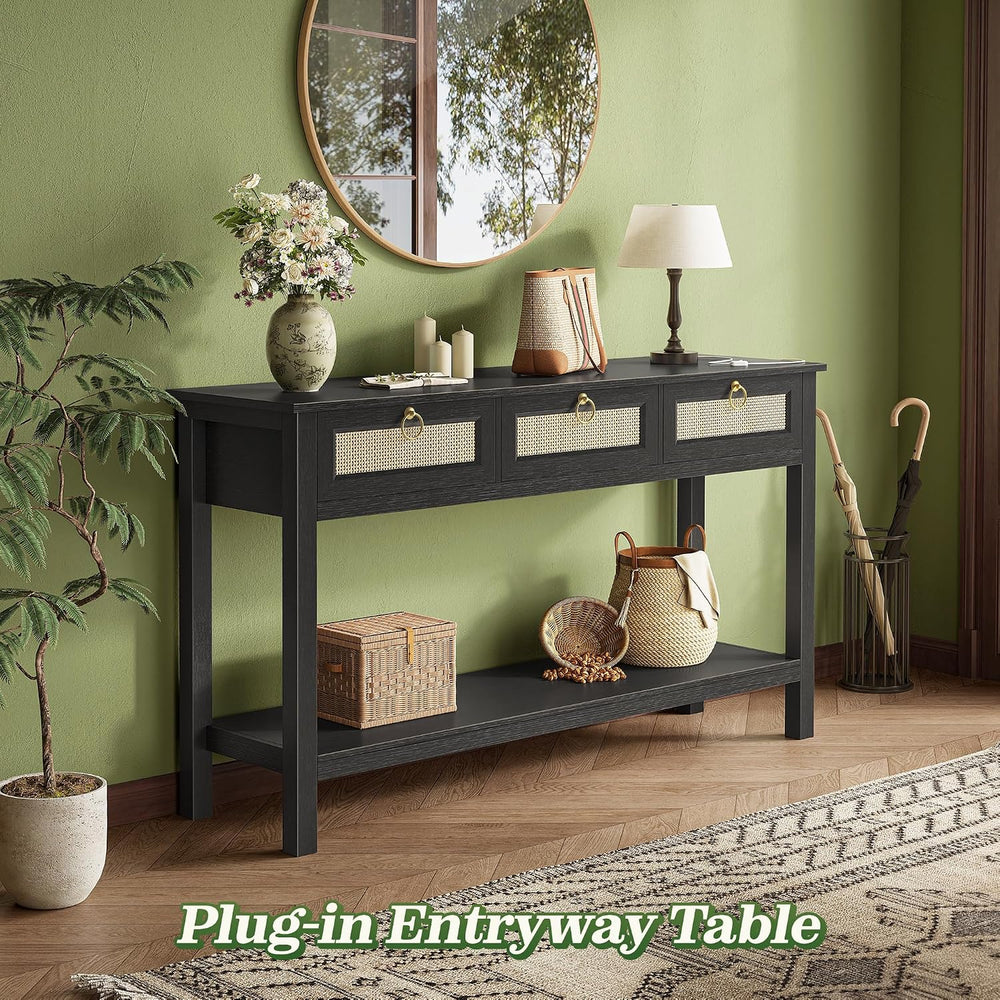 SUPERJARE Rattan Console Sofa Table with Outlets, USB-C Port and 3 Drawers | ...