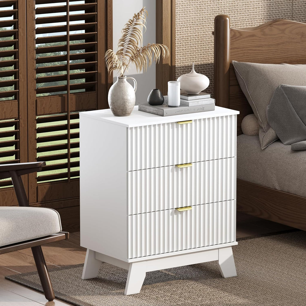 Night Stand Set 2, Bedside Table & End Table, Mid Century Modern Fluted Wood Nightstand with 3 Drawers & Metal Handles, Farmhouse Nightstand for Bedroom, White