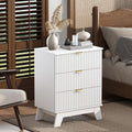 White Night Stand with 3 Drawers, Bedside Table & End Table, 24" Wide Mid Century Modern Fluted Wood Nightstand with Metal Handles, Farmhouse Night Stands for Bedroom