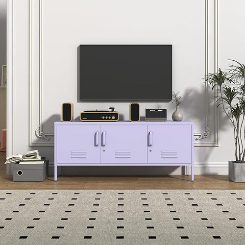 3 Door Lockable Metal TV Stand Storage Cabinet, Wide Heavy Duty Media Console for Large 100+ Inch TVs, Home Office Entertainment Center, Purple 22" H X 47.3" W X 13.8" D