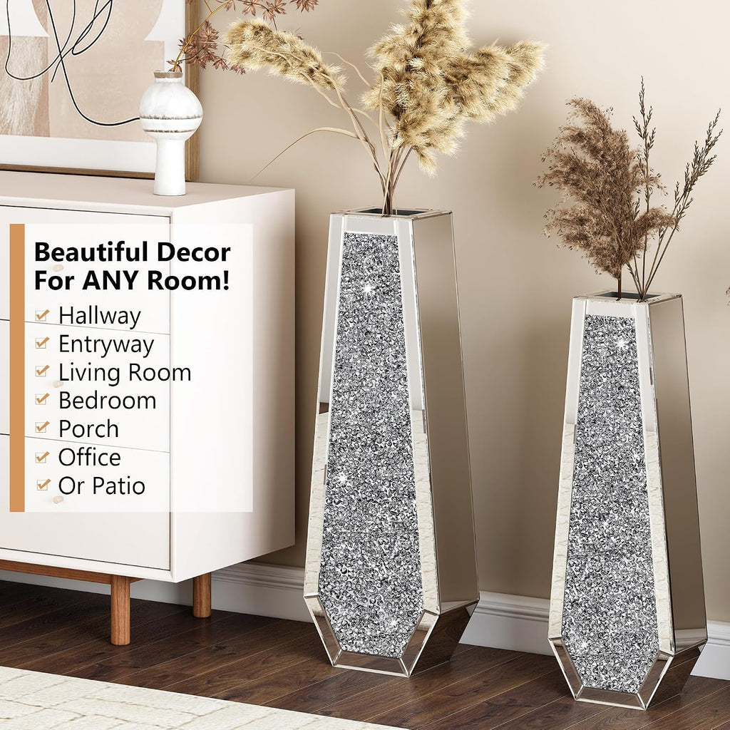 SHYFOY 30" Floor Vase Crushed Diamond Mirrored Vase Silver Tall Vases for Floor, Large Crystal Glass Decorative Floor Vases for Living Room Office Corner Hallway Home Decor