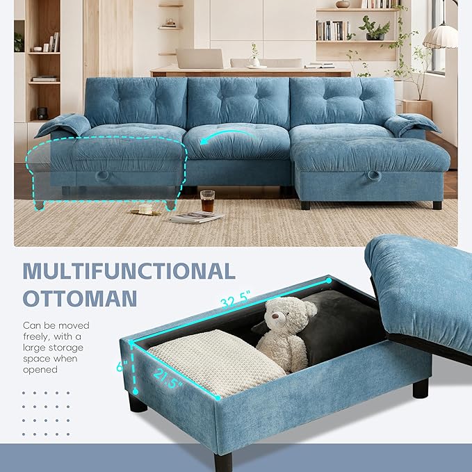 Ball & Cast Modular L Shaped Sectional Sofa with Movable Storage Ottoman and Dual-Port Charging,4 Seater Comfy Cloud Couch W/Side Storage Pockets & Cup Holder,for Living Room,Apartment,Light Blue,104"