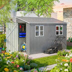4x10 FT Outdoor Storage Shed, Metal Shed, Lockable Door, Sloping Roof, All-Weather Lean to Resin Shed for Garden, Backyard, Patio, Lawn (Gray)