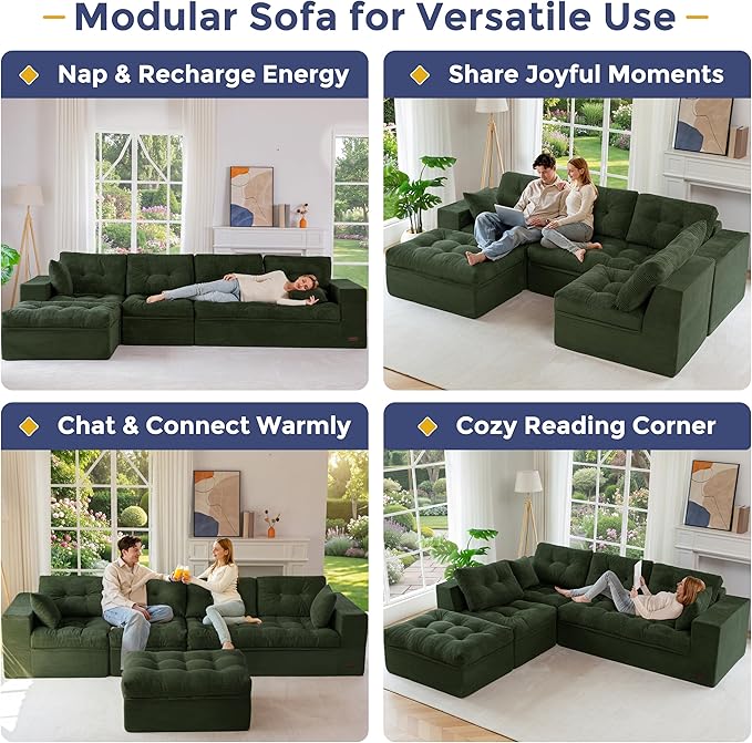 MAXYOYO 132" L Shaped Modular Sectional Sofa with Ottoman, Cloud Boneless Couch with Layered Cushion, Upholstered Sofa in a Box, Flexible Module Combination for Living Room, No Assembly, Dark Green