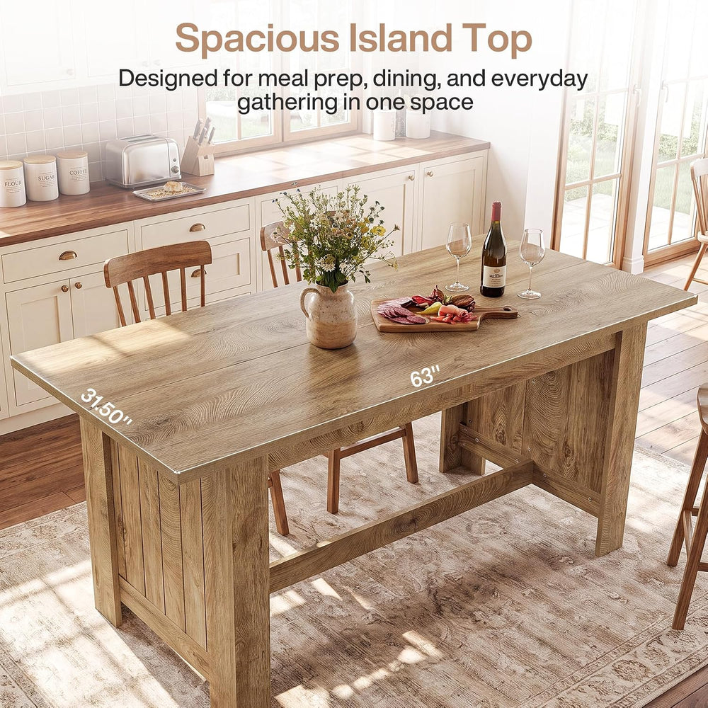 Tribesigns 63-Inch Kitchen Island with Seating, Farmhouse Wood Stationary Isl...