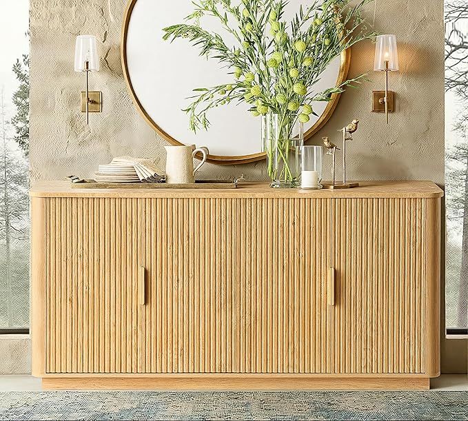 win2win 63" Fluted Sideboard Buffet Cabinet with Faux Marble Top, Modern Credenza with Storage, Wood Boho Media TV Console Accent Cabinet for Living Room Kitchen Hallway, Oak