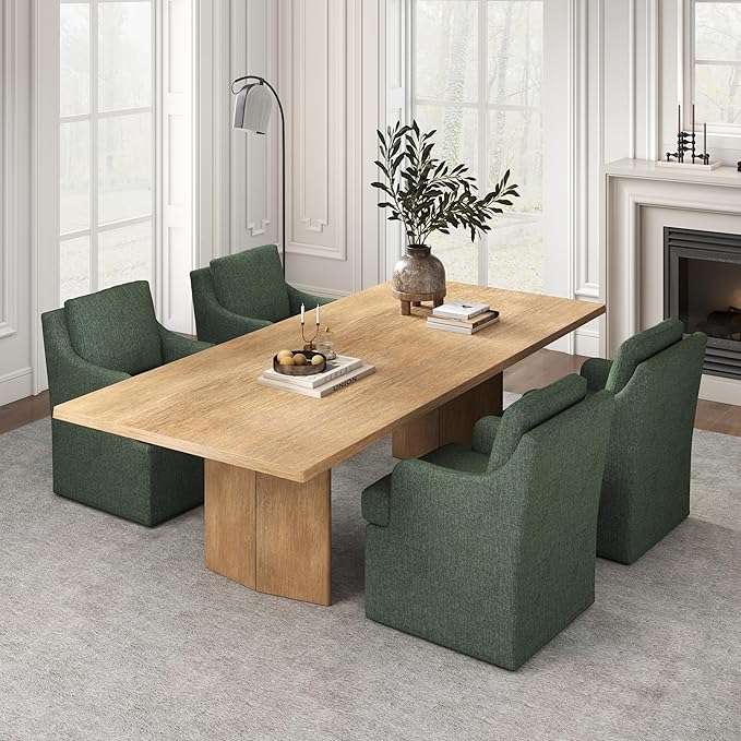VKNOW Upholstered Dining Chairs Set of 4, Modern Kitchen Chairs Dinner Chairs with 4 Casters, Chenille Armchair for Bedroom Reading Room Living Room, Green