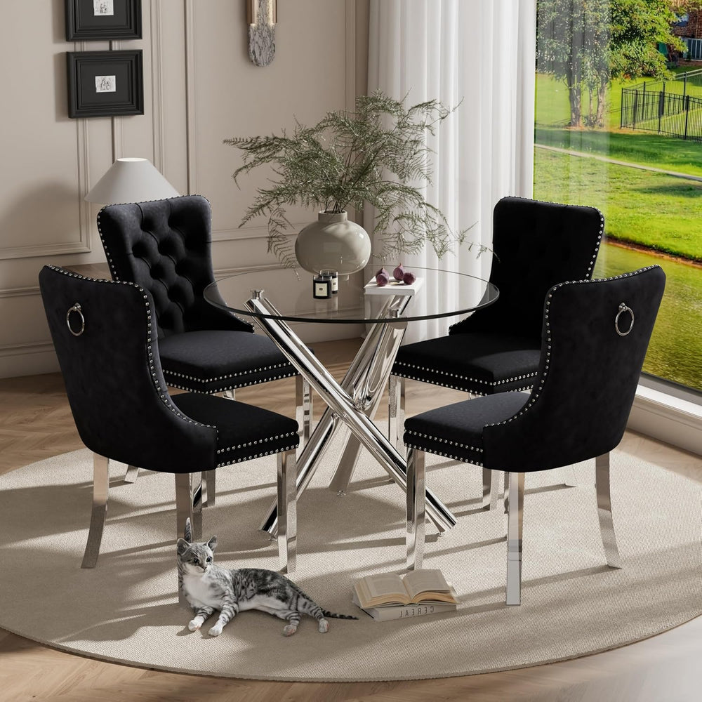 Modern Silver Round Glass Dining Table Set for 4, 36'' Luxury Minimal...