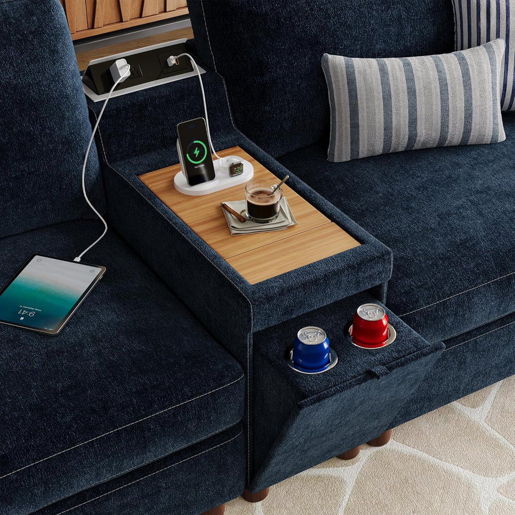 Cloud Couch Sectional, 6 Seater with Console, Chenille in Navy Blue | Detachable and Washable Cover, Sectional Sofas for Living Room, Deep Seat Wide Couch with Chaise, Storage Ottoman