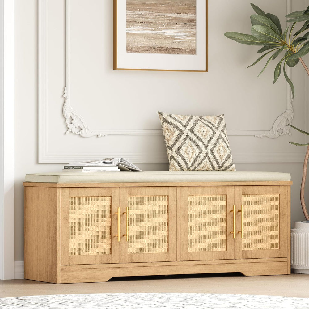 Rattan Shoe Storage Bench, 47.2" Wide Entryway Bench, Natural Oak | 2 Ti...