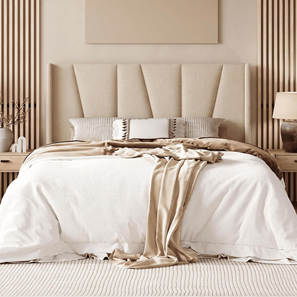 Allewie Queen Size Platform Linen Bed Frame with Headboard, Beige