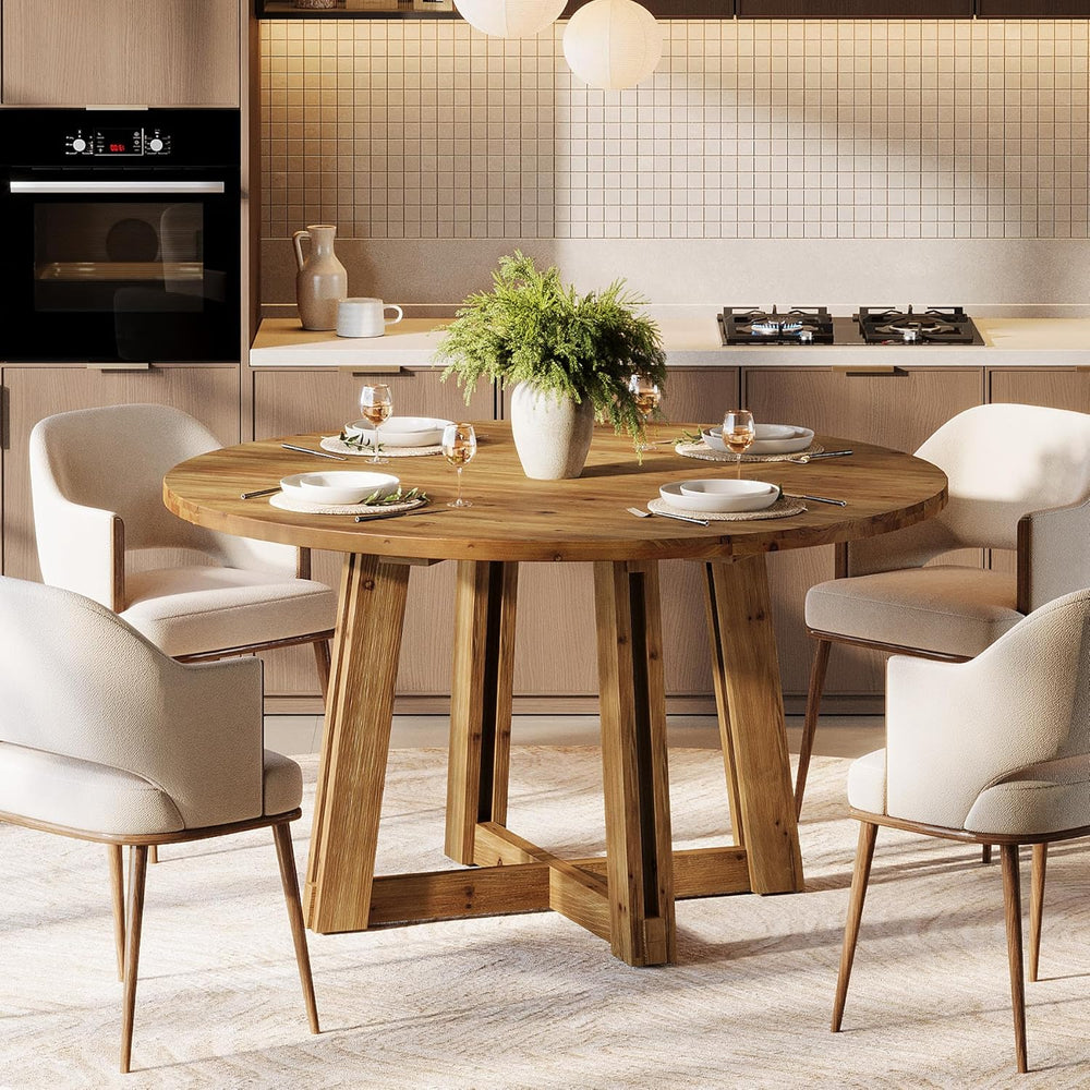 47.3" Solid Wood Dining Table for 4-6, Round Wood Kitchen Table | Farmho...