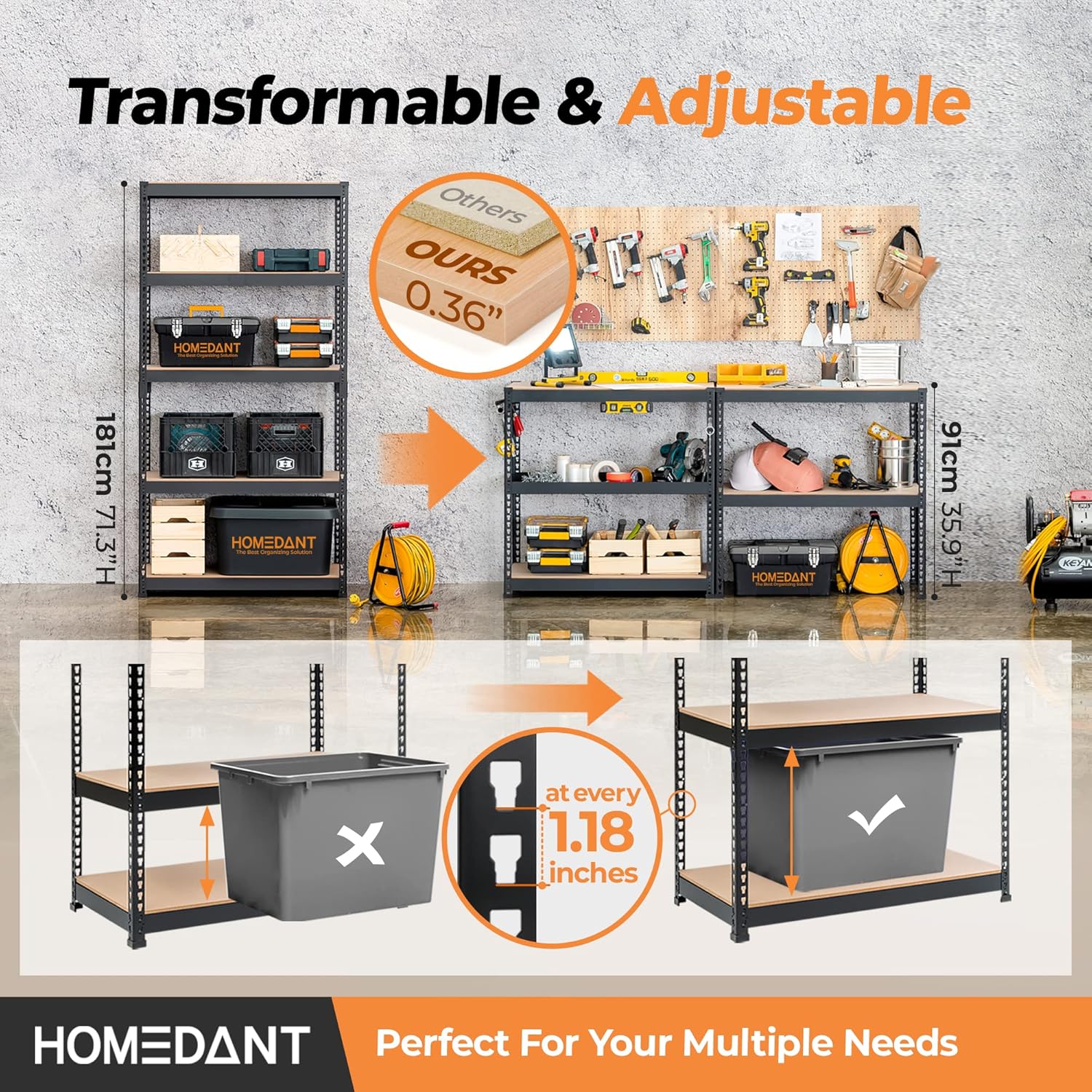 HOMEDANT 5 Tier Storage Shelves Adjustable Laminated Boltless Garage Metal Shelving Unit Heavy Duty Utility Rack Shelf Warehouse Pantry Closet Kitchen (4, (M) 35.9" W, Black)