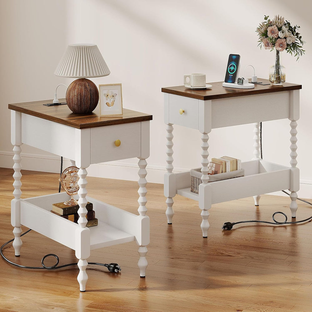 YOSHOOT Farmhouse End Table with Charging Station Set of 2 - Narrow Side Tabl...